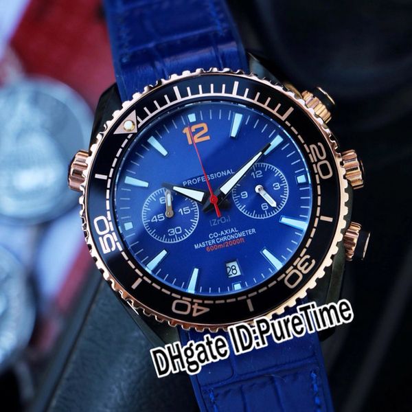 

planet ocean co-axial 600m miyota quartz chronograph mens watch rose gold black ceramics blue dial blue leather strap new puretime e211b2, Slivery;brown
