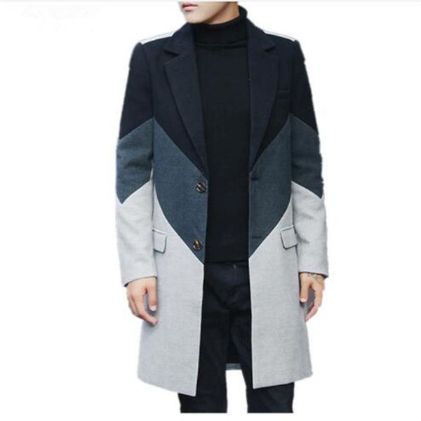 

2019 новых зимняя британский стиль мода цвета блокированных лоскутной slim fit однобортный сгущаться шерстяной длинные пальто мужчина ndy14, Black