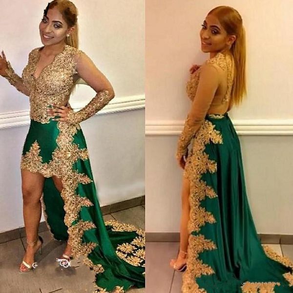 Lindo verde e laço partido de noite Applique Ouro Vestidos Vestidos 2020 profundo decote em V Poeta Long Sleeve High Low Vestido Prom Dress Formal baratos