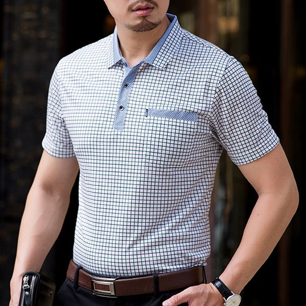 

thoshine brand men summer рубашки поло 95% вискоза бизнес стиль мужской плед dot рубашки поло смарт причинная камиза воротник отложной, White;black