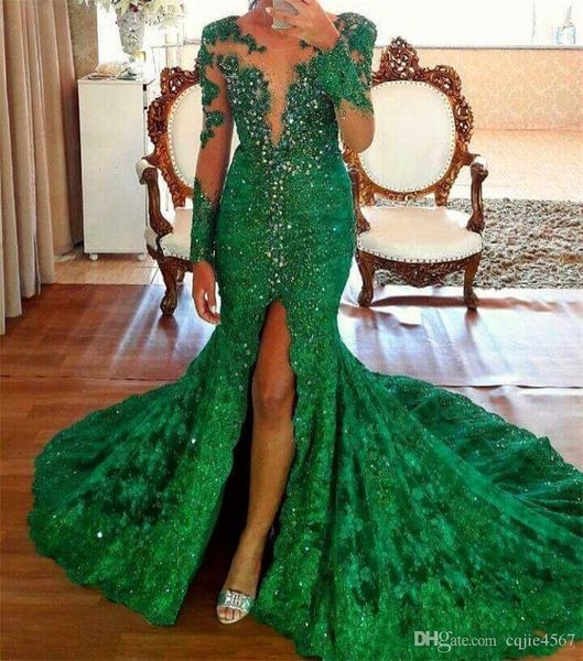 

high split emerald beading evening dresses long sleeves vestido de fiesta 2019 new lace prom gown customize made vestidos de novia byw1, Black;red