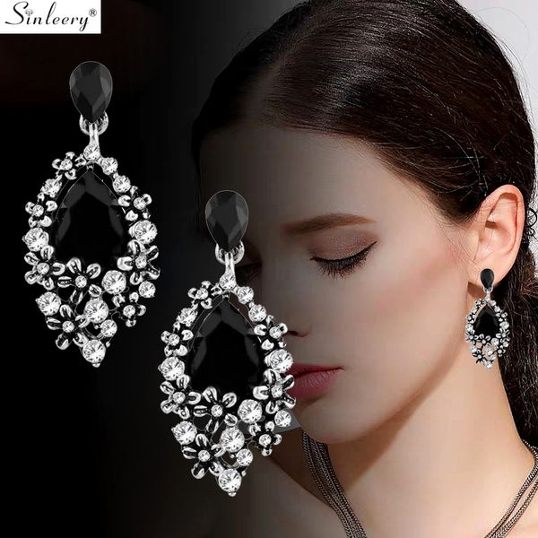 

sinleery luxury vintage black cubic zircon water drop earrings for women antique silver color new fashion es599 ssg