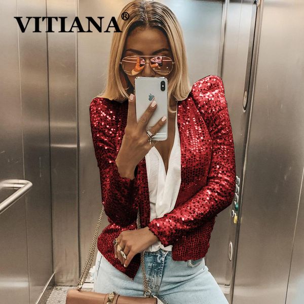 

vitiana women club jacket autumn 2019 female casual turtleneck open stitich party black gold sequins coats and jackets, Black;brown