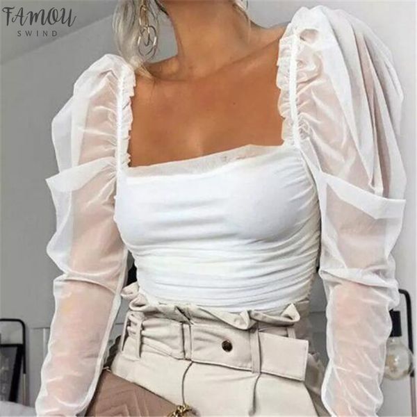 

women stylish solid slim blouse summer sheer puff sleeve stretchy transparent sleeve square neck female 2020 casual blouse, White