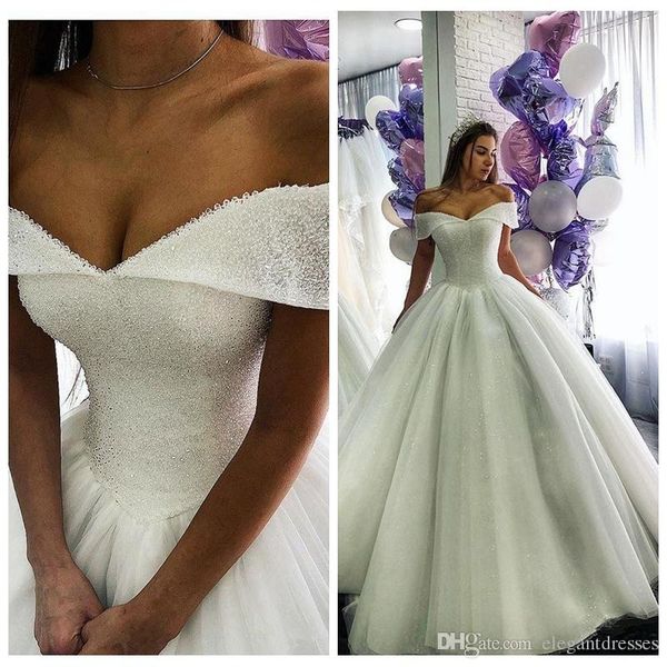 

luxury off shoulder beaded a-line wedding dresses beaded sequined pleats wedding dress bridal gowns robe de mariee formal dress, White