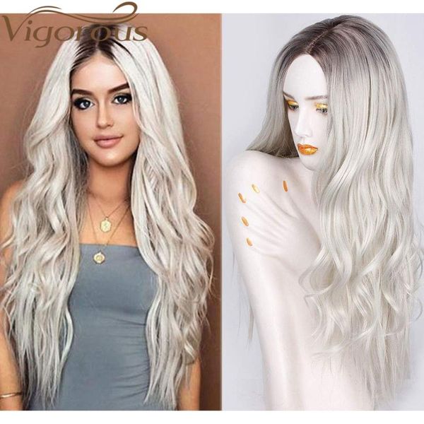

vigorous long womens wigs ombre platinum blonde wigs heat resistant synthetic wavy for african american women, Black