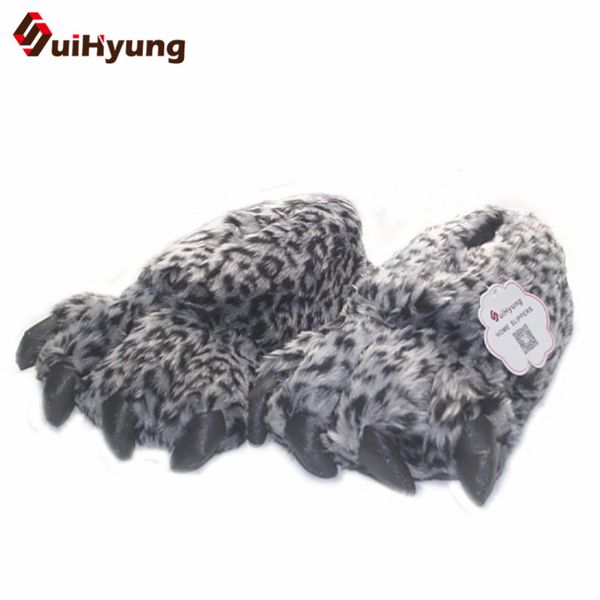 

suihyung funny claw slippers fashion leopard women plush slippers winter warm indoor shoes home casual flats cotton shoes, Black