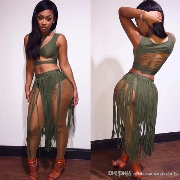 

sets fashion ladies club clothing green womens 2pcs dress hollow out backless tassel womens two piece, White