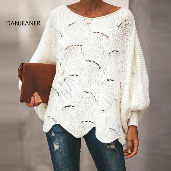 

danjeaner plus size women thin pullovers o-neck loose hollow out knitted sweaters fashion batwing sleeve irregular solid jumper, White;black
