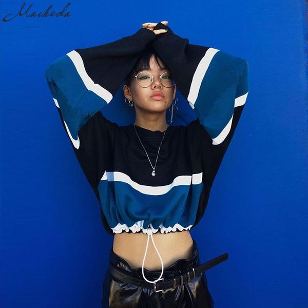 

макед женщина мода весна осень o-образный вырез с длинного рукавом сыпучего short crop top толстовка new повседневная лоскутная color top, Black