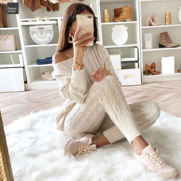 

осень хлопок костюм женщины 2 двухкусочный свитер костюм вязаный top o шеи вязать set женщины outwear two piece set, White