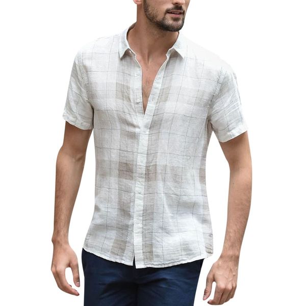 

summer men's shirt baggy cotton linen short sleeve shirt plaid short sleeve button turn-down collar blusas camisa masculina, White;black