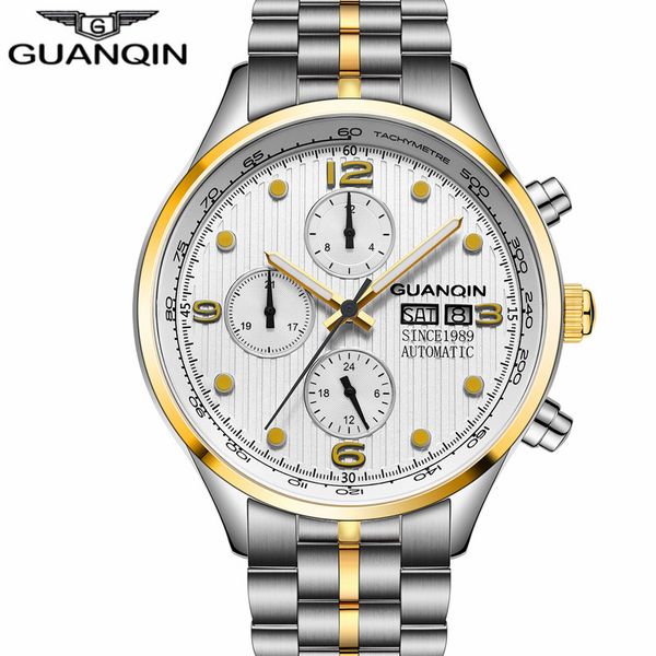 

guanqin designer men automatic mechanical watch date clock men business watches full steel waterproof watch relogio masculino a, Slivery;brown