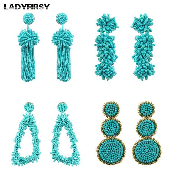 

ladyfirsy bohemian handmade long beads tassel drop earrings statement triangle circle hanging earring wedding bridal jewelry ins, Silver