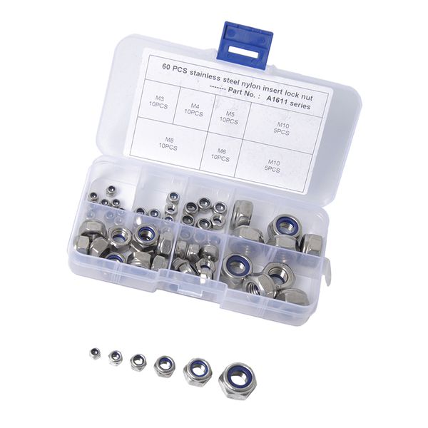 

set of 60 stainless steel m3 m4 m5 m6 m8 m10 nylock insert lock hex nuts