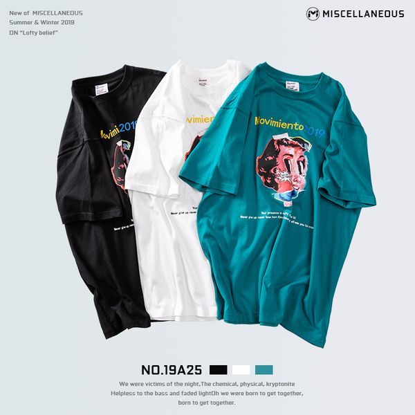 

men's summer new oversized men's t-shirt off shoulder short sleeve men's creative printing tide brand short t, White;black