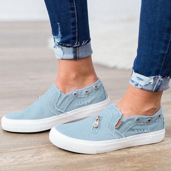

2019 new canvas shoes fashion women flats slip on loafers ripped denim shoes casual outdoor zipper summer creepers xwf709, Black