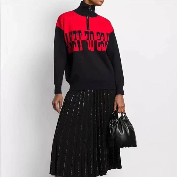 

women sweater 2019 autumn winter new round neck letter jacquard matching high collar hoodie sweater, White;black