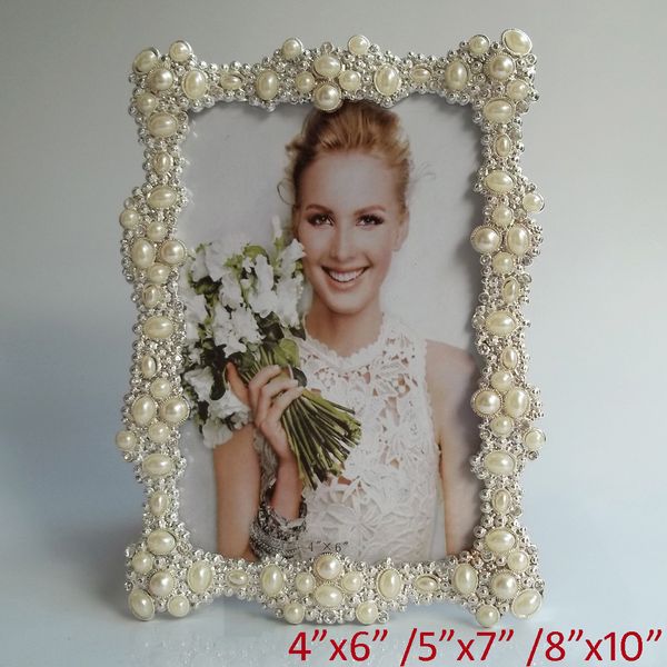 

european wedding accents shiny silver plating with white pearls and clear rhinestone jeweled 4x6,5x7,8x10 inch metal p frame