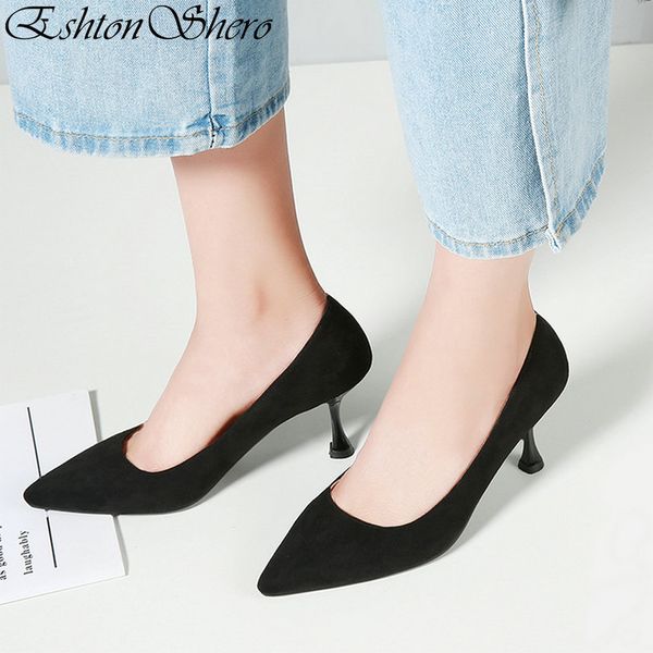 

eshtonshero 2019 woman shoes pumps thin high heels pointed toe platform flock slip on pink ladies wedding shoes size 3-12, Black;white