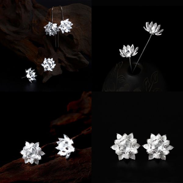 

925 originality s silver flower eardrop woman nation wind concise lotus ear nail earring lotus earrings 925 sterling silver pin, Golden