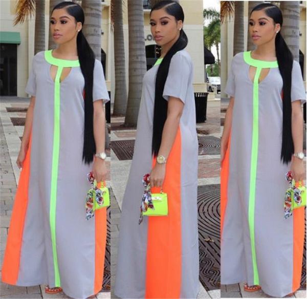 

Gray Color Panelled Womens Maxi Dresses Summer Loose Short Sleeve Ladies Dresses Casual Womens Clothing