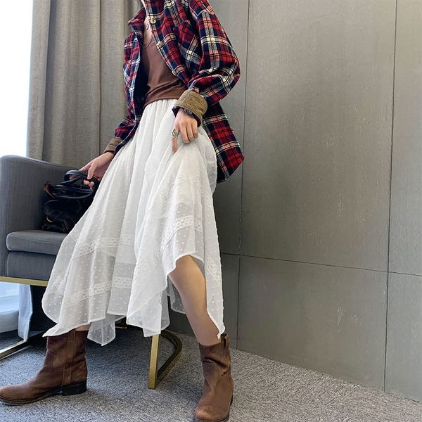 

loose white irregular spring lace joint skirt women french retro non-mainstream immortal mid length minority skirt zll4873, Black