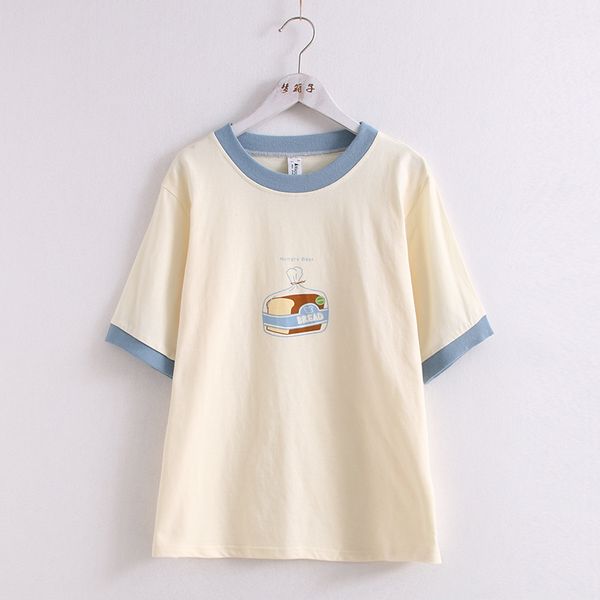 

2020 летний новый мультфильм хлеб печать женщины crew neck пуловер с коротким рукавом свободные хлопок футболки tee top, White