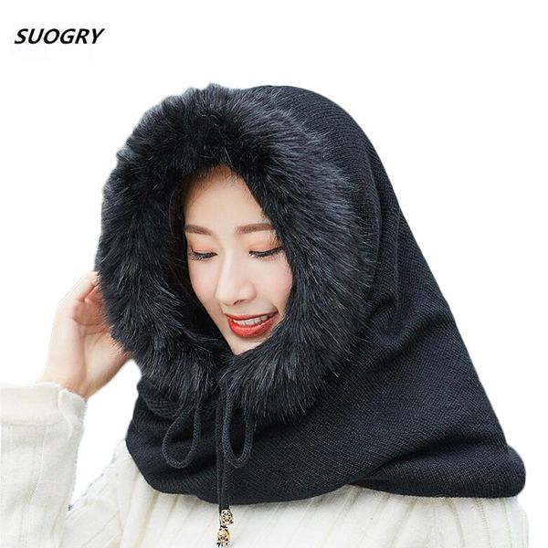 

suogry women winter warm knitted hat scarf set outdoor sport plus plush skullies beanies caps hooded scarves women's hat