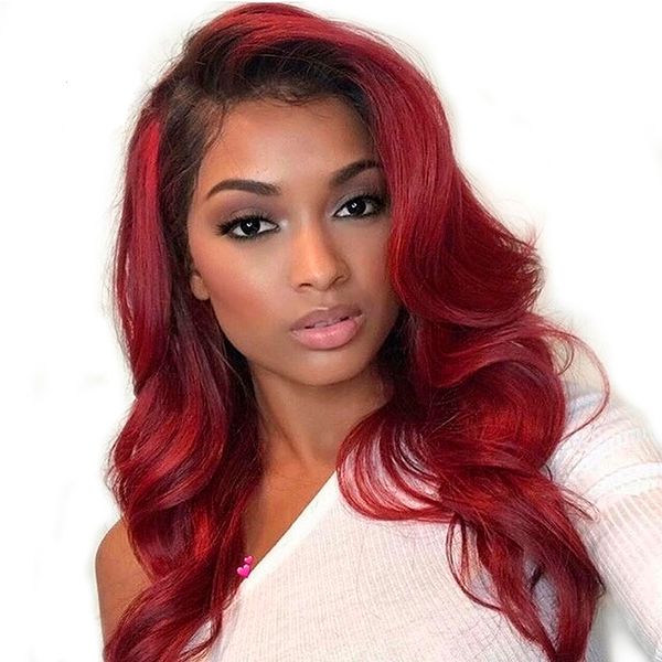 

13x6 lace front human hair wigs 1b/99j ombre burgundy preplucked brazilian body wave lace front wigs pre plucked remy hair, Black