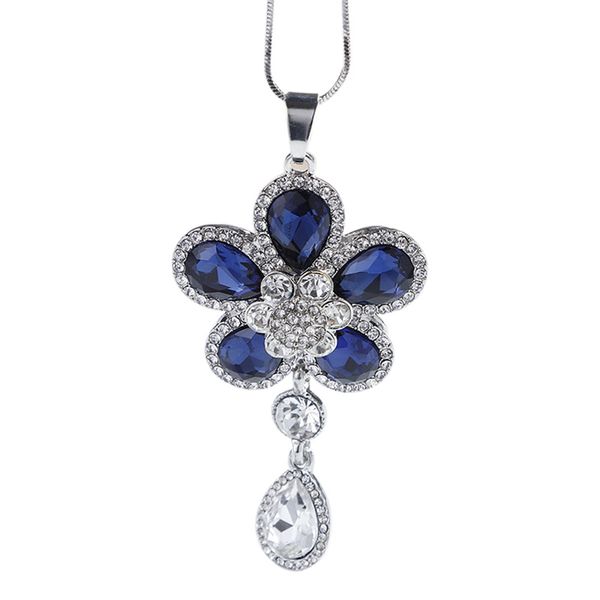 

elegant blue crystal flower water drop pendant long necklace women sweater fashion jewelry fine gift, Silver