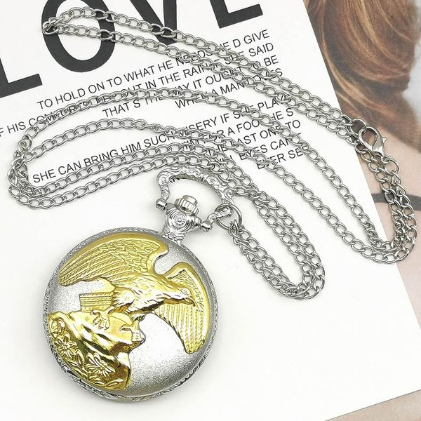 

fashion silver eagle carving quartz pocket watch mens women pendent necklace fob pocket watches analog for gift drop shipping, Slivery;golden