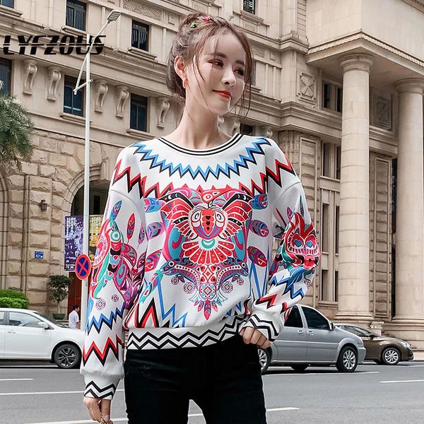 

mayan totem print white sweatshirts for woman spring o neck long sleeve pullover causal sweatshirts folk-custom trend soft, Black