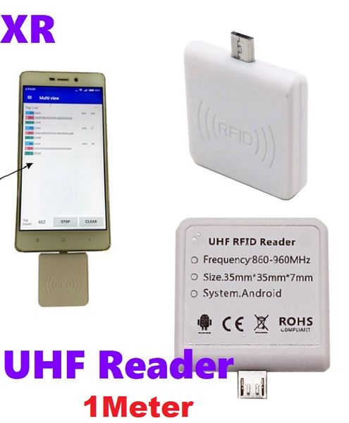 Mini tamanho 860-960MHz Reader UHF RFID OTG Leitor Micro USB Leitura Distância 1M para 9662 Label portátil portátil 6C Passive Card Leitor