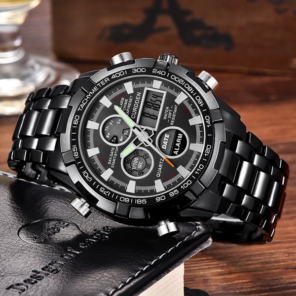 

curdden mens led digital quartz wrist watch chronograph black stainless steel clock montre homme gift drop shipping july17, Slivery;brown