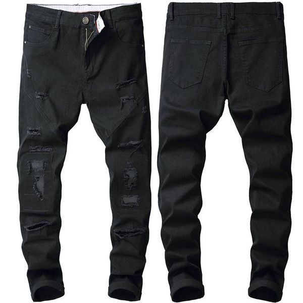 

jeans black stretch slim men's jeans tide pure color hole trousers casual fashion men clothing 2020, Blue