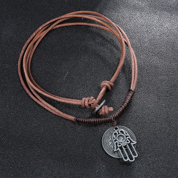 

punk vintage leather necklace men charms round fatima hand pendant necklace women jewelry lucky hamsa fashion gift wholesale, Silver