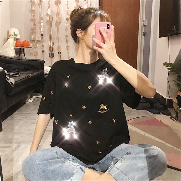 

2020 women's loose slim embroidery little horse star chic sequ t-shirt sequins student t-shirt female fashion summer ins, White