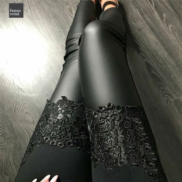 

женская новые брюки стретч высокой талии блестящая lace тощий vogue pu лоскутная поддельный кожаные поножи карандаш штаны тонкий fit, Black;white