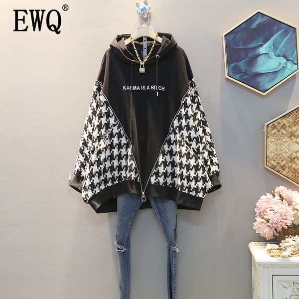

ewq] 2019 autumn winter new pattern hooded collar long sleeve houndstooth patchwork pullovers vintage sweatshirt ak04801, Black