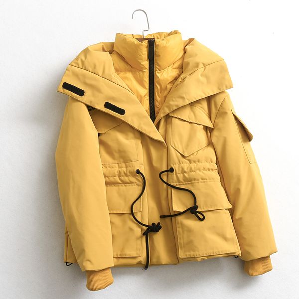 

women's winter new stand collar zipper shirt multi pocket drawcord waist long sleeve women's fashionable down jacket, Black