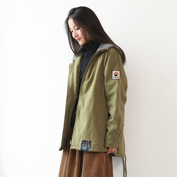 

parkas women autumn winter cotton-padded female jacket clothes embroidery solid color long sleeve hooded loose casual women, Black