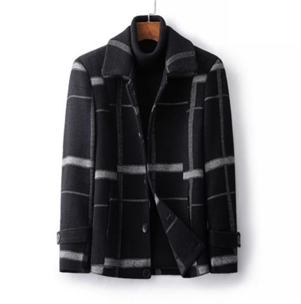 

plaid print mens designer blends long sleeve lapel neck mens single breasted coats plus size males casual outerwear, Black