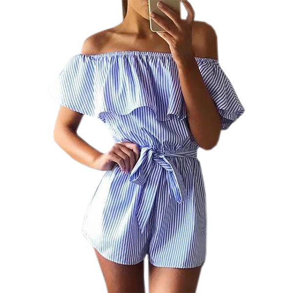 

summer women playsuits jumpsuits casual striped playsuit ruffles slash neck 2019 beach overalls pink blue girls femininos gv571, Black;white