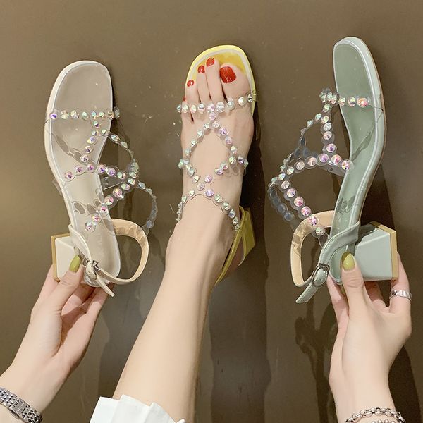 

med plastic sandal buckle strap rhinestone sandals comfort shoes for women block heels 2020 summer suit female beige buckle, Black