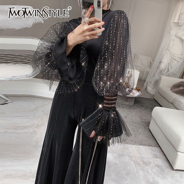 

twotwinstyle vintage sequins patchwork black women's shirt flare sleeve hollow out slim blouse female 2019 fashion spring, White