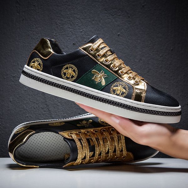 

men's casual desinger shoes men black skate sneakers pu leather golden embroidery