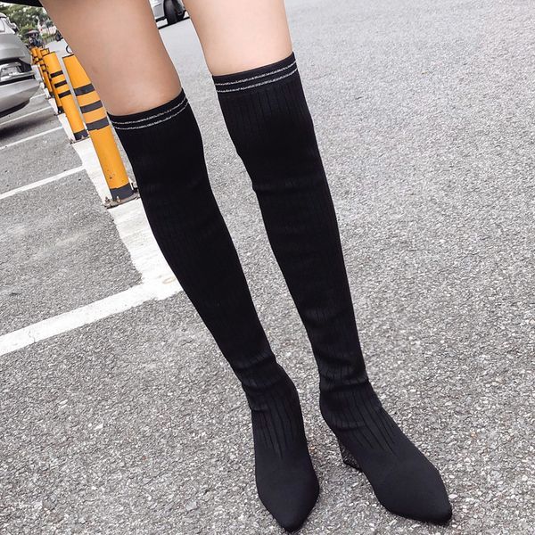 

2019 spring women 6.5cm high heels over the knee high boots warm plush cotton sock boots crystal shoes, Black