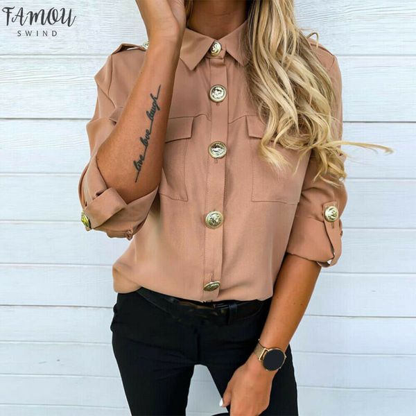 

2020 womens formal casual blouse fashion long sleeve solid color button long tunic lady girls shirts new 3 colors, White