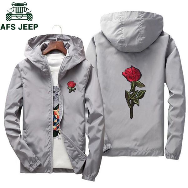

afs embroidery rose flower windbreaker jacket men big size s-7xl hooded bomber jacket skin mens jackets jaqueta masculina, Black;brown